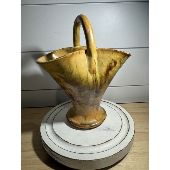 VTG NC Seagrove Cole Bascomb King Yellow Brown Drip Glaze Pottery Basket - Picture 1 of 10
